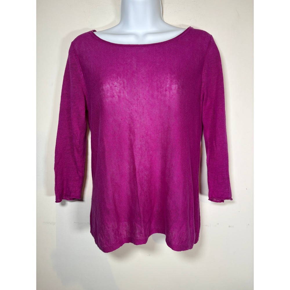 Eileen Fisher Petite Top Royal Purple Organic Linen Knit 3/4 Sleeve Layering PS
